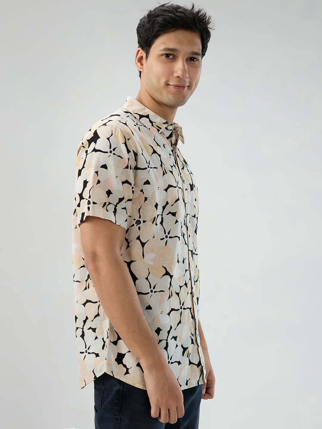 Men Shirt Print Beige Regular Fit