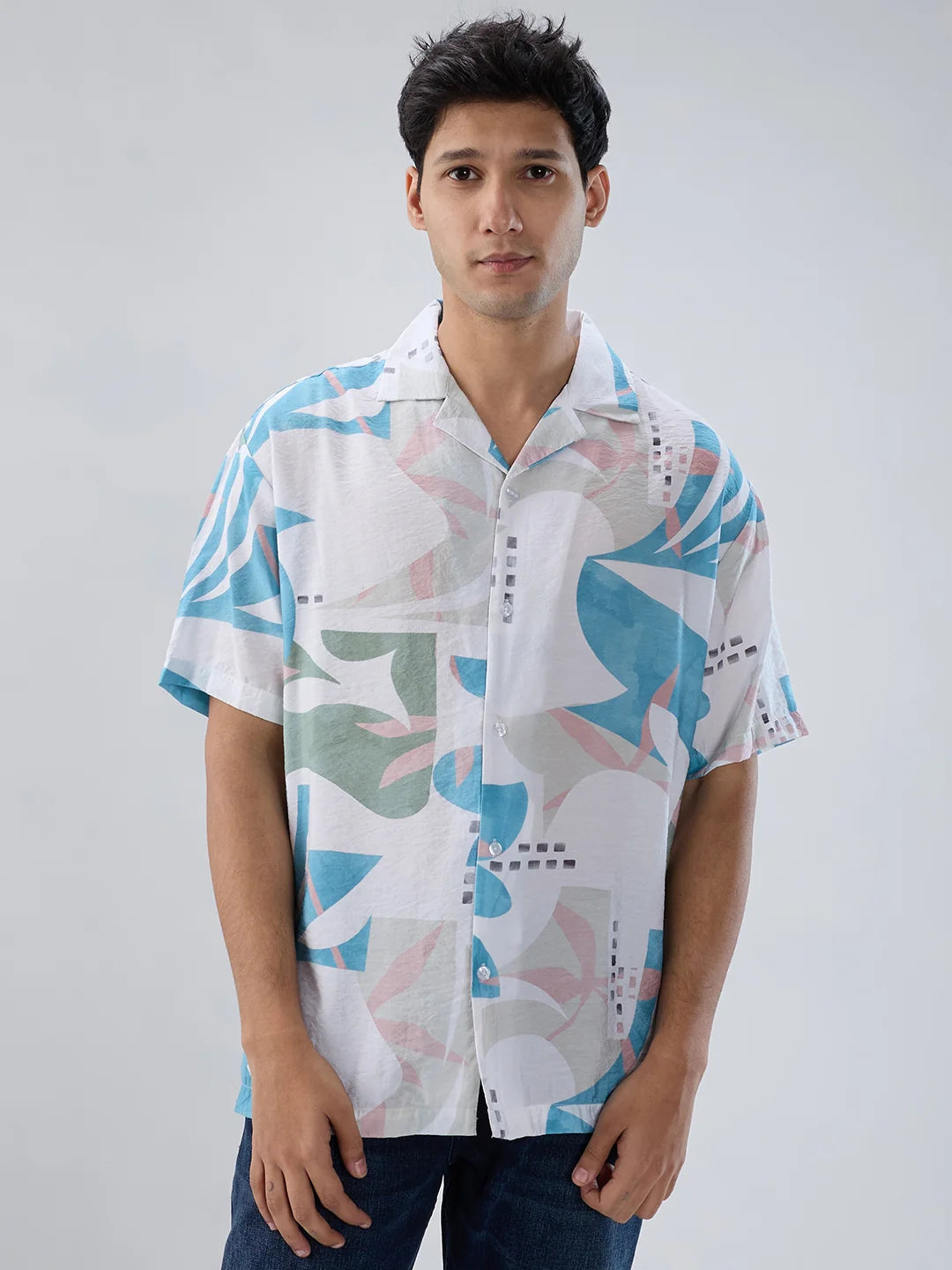 Men Shirt Print Blue Relaxed Fit