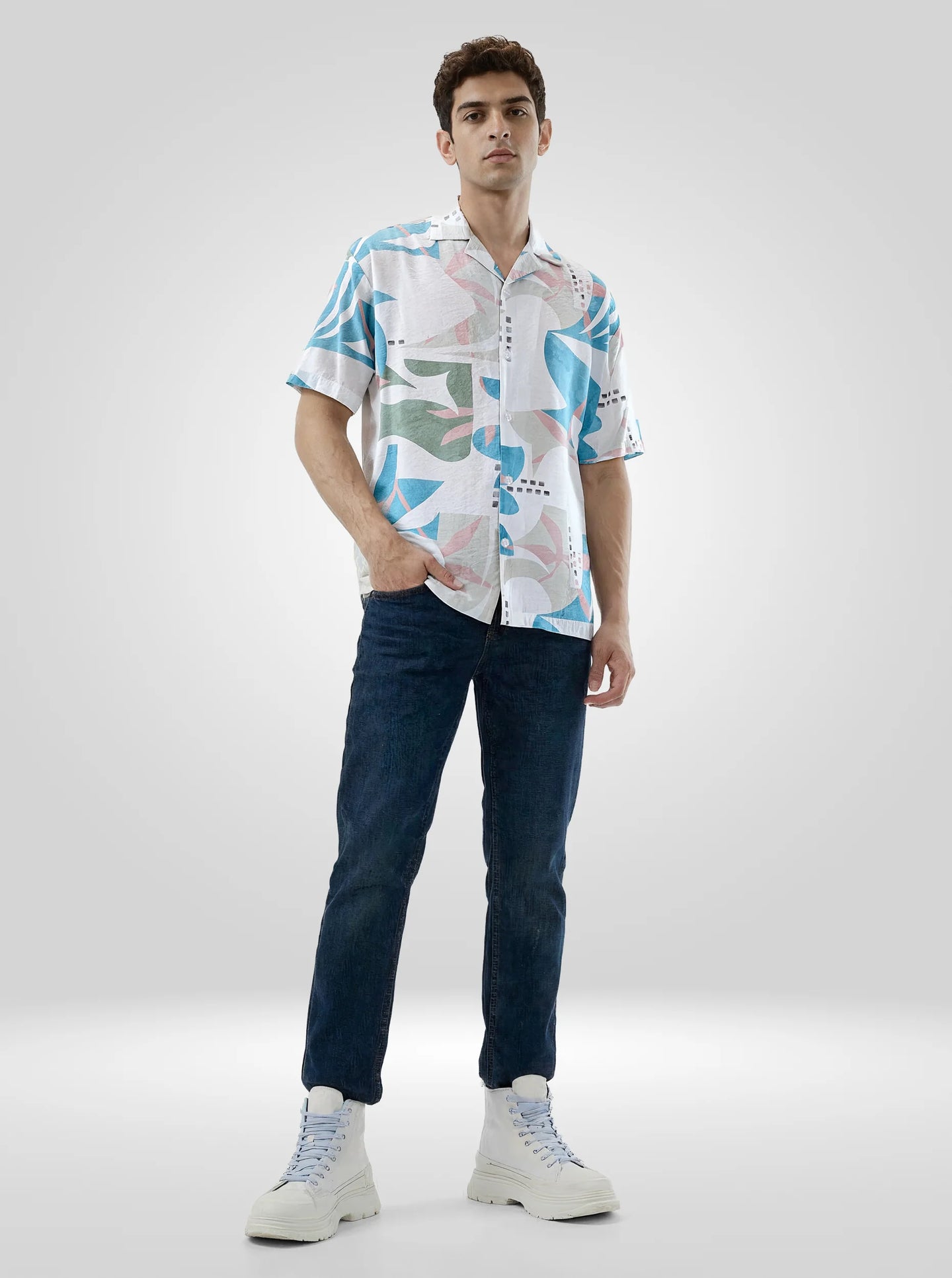 Men Shirt Print Blue Relaxed Fit