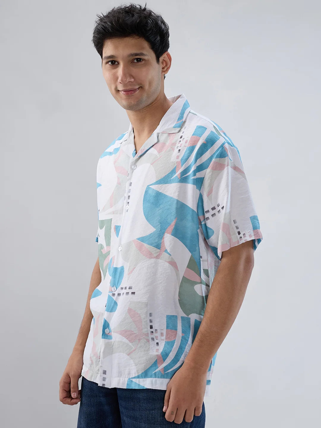 Men Shirt Print Blue Relaxed Fit