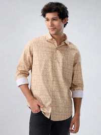 Men Shirt Print Beige Regular Fit