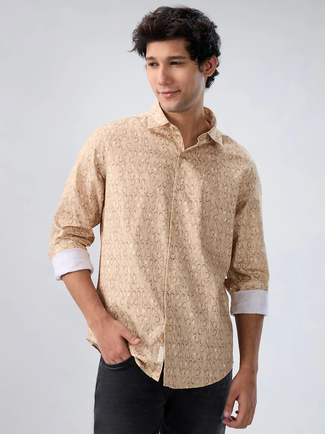 Men Shirt Print Beige Regular Fit