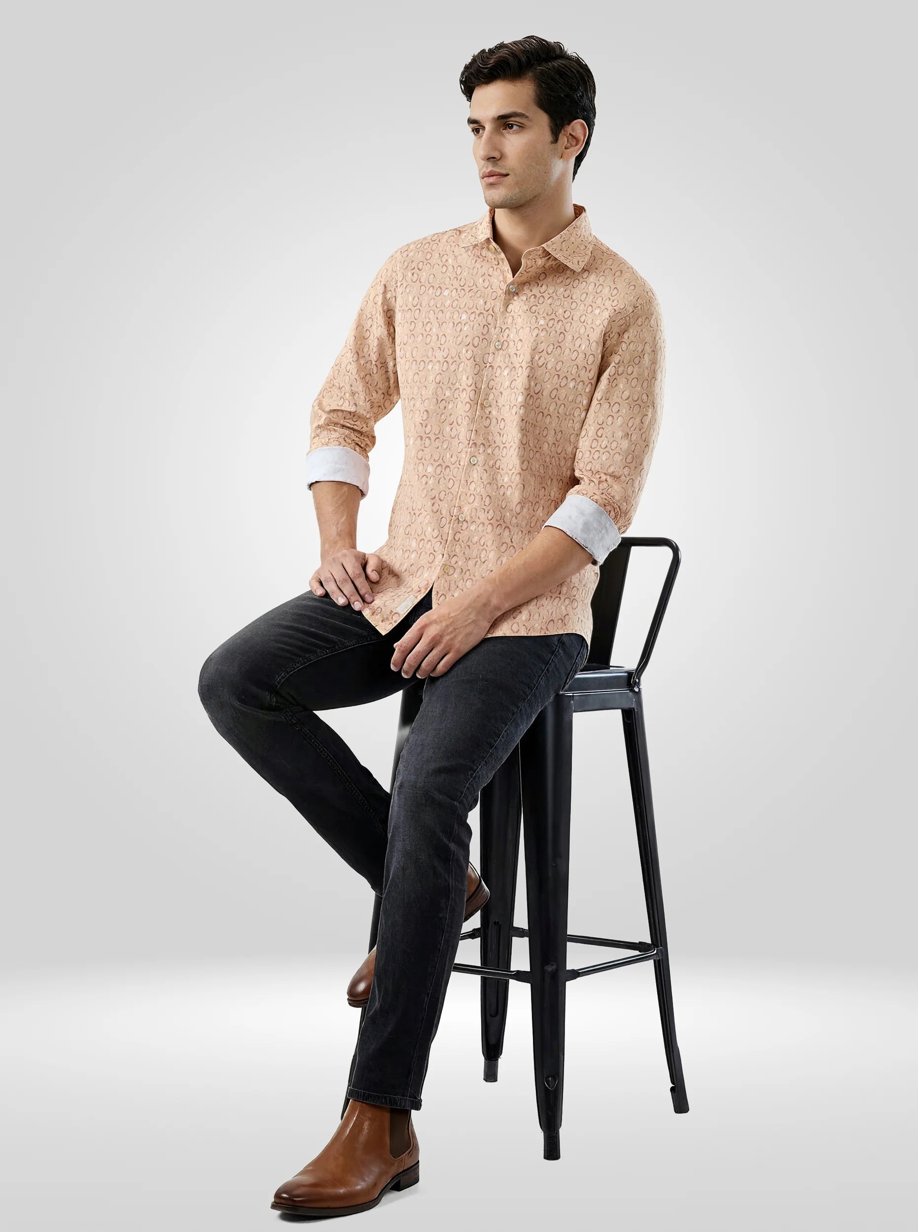 Men Beige Print Regular Fit Shirts