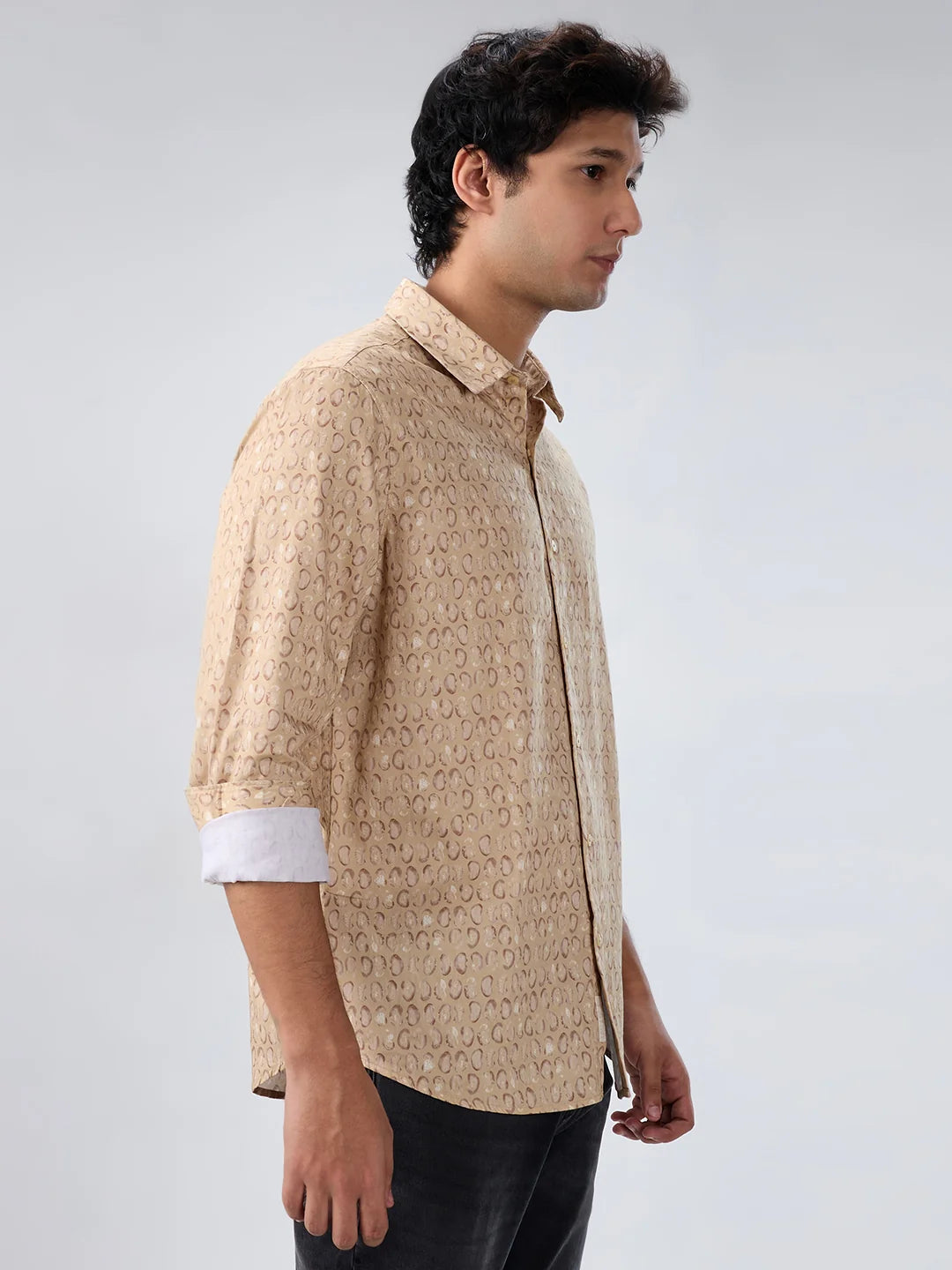 Men Shirt Print Beige Regular Fit