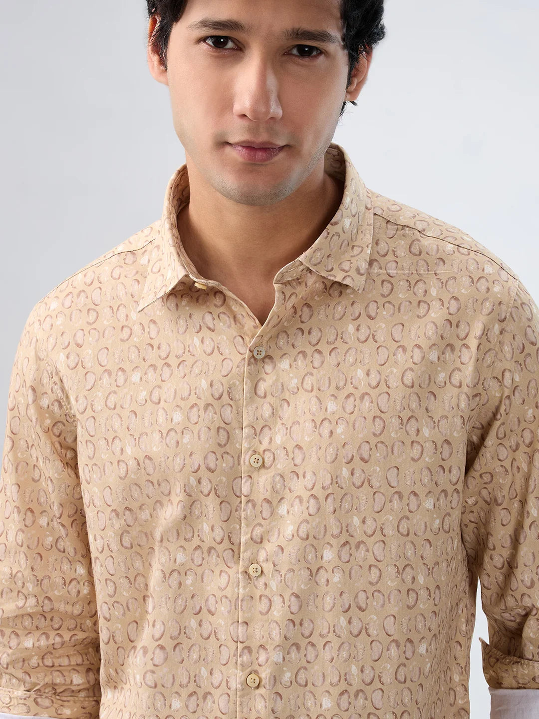 Men Shirt Print Beige Regular Fit