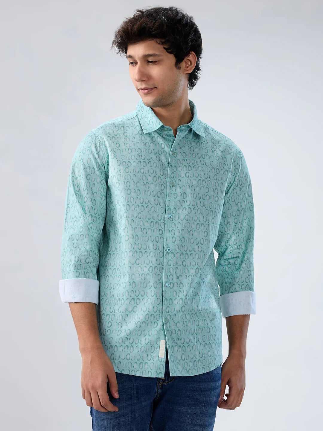 Men Shirt Print Green Regular Fit