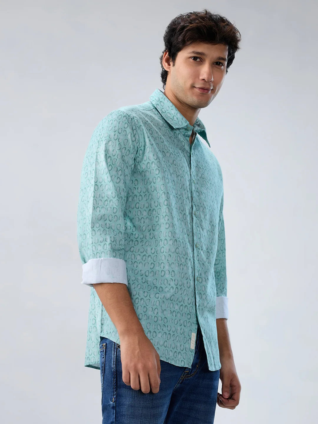 Men Shirt Print Green Regular Fit