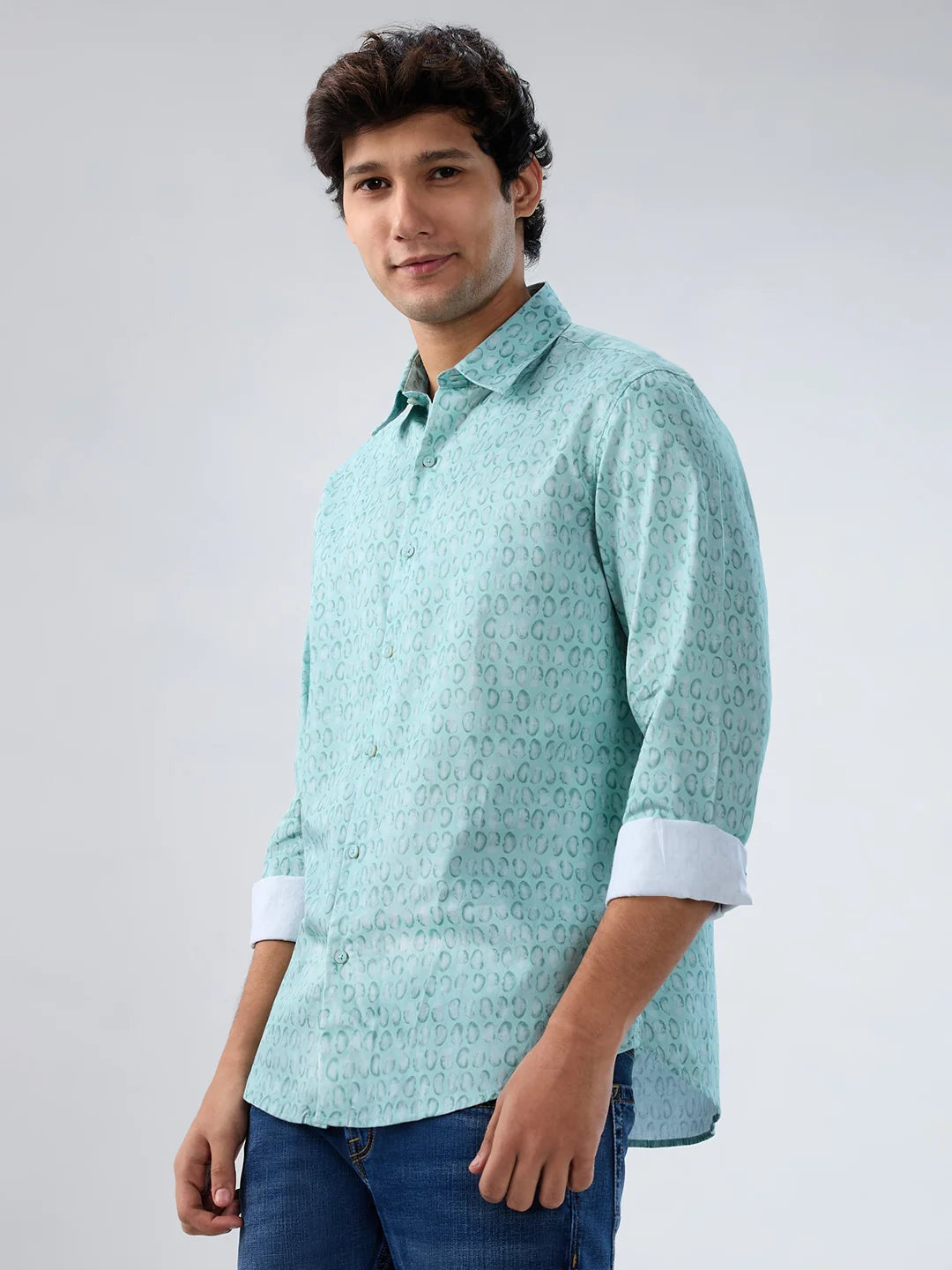 Men Shirt Print Green Regular Fit