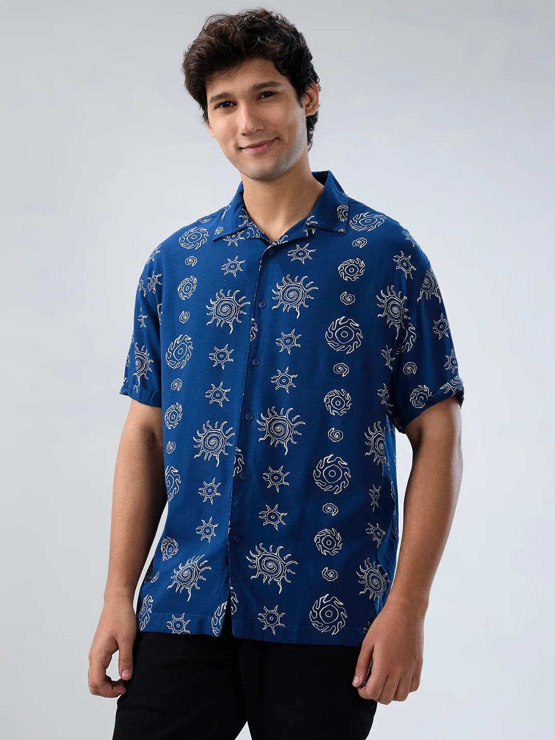 Men Shirt Print Blue Relaxed Fit