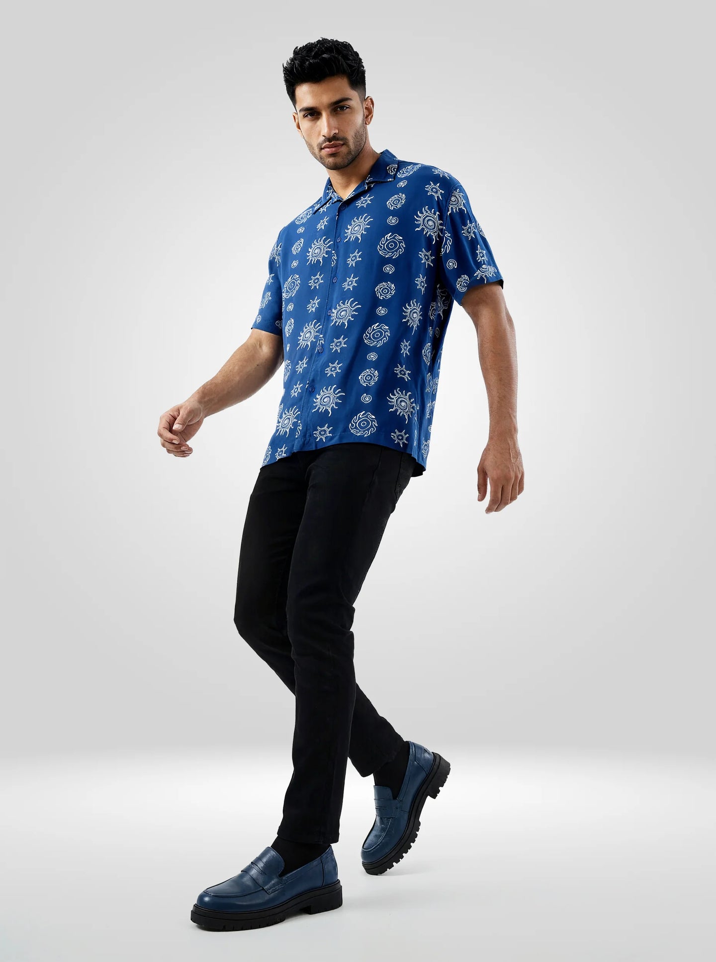 Men Shirt Print Blue Relaxed Fit