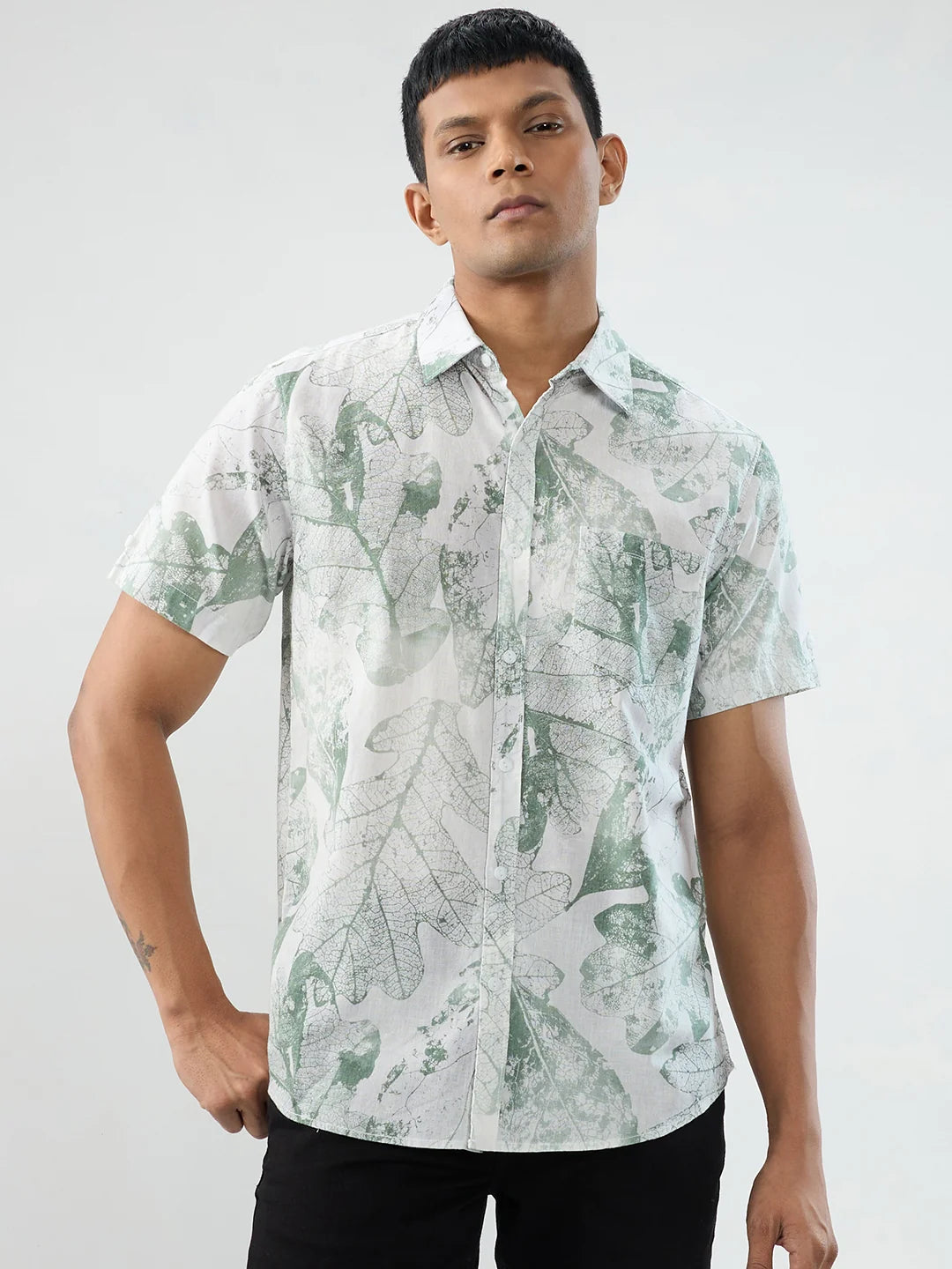 Men Shirt Print Green Regular Fit