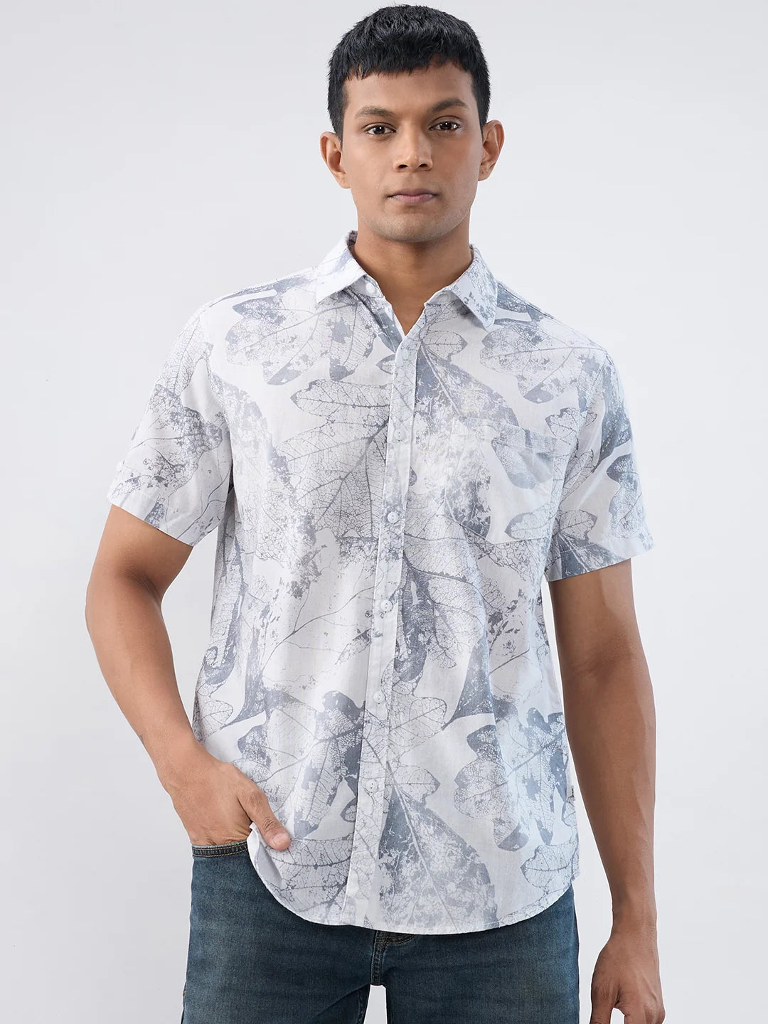 Men Shirt Print Grey Regular Fit