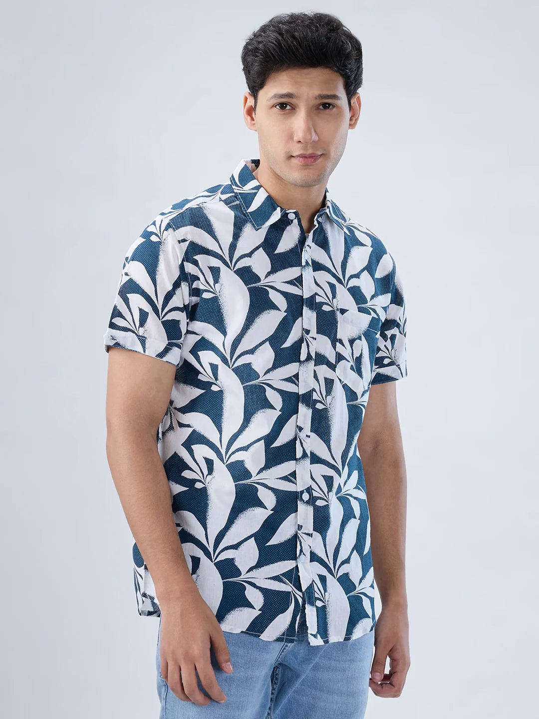 Men Shirt Print Blue Navy Regular Fit