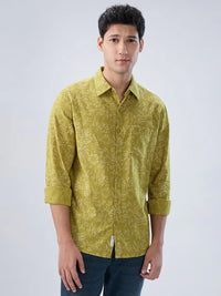 Men Shirt Print Yellow Regular Fit