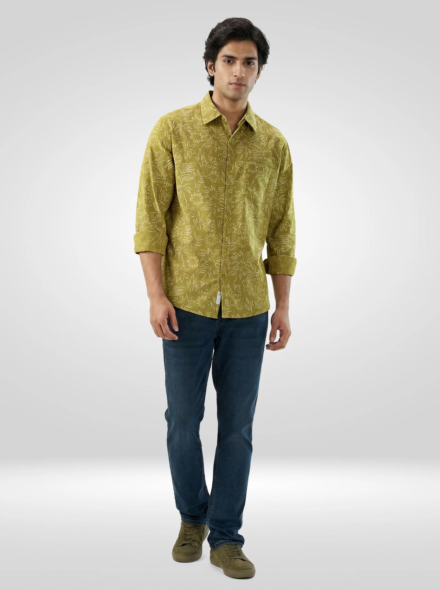 Men Shirt Print Yellow Regular Fit