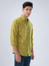Men Shirt Print Yellow Regular Fit