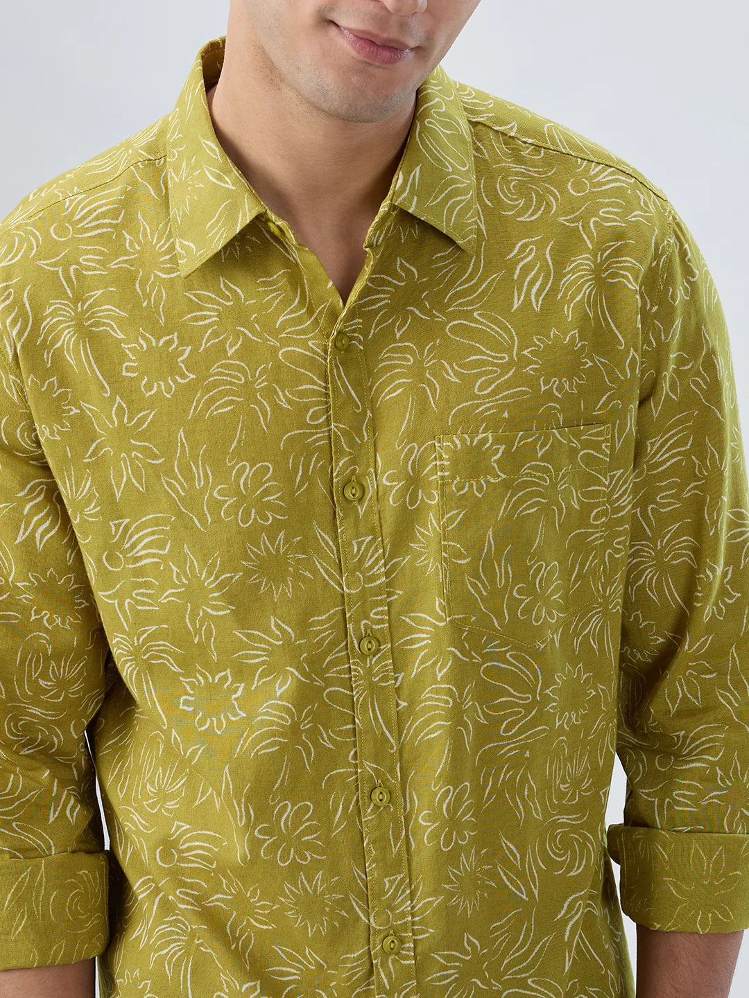 Men Shirt Print Yellow Regular Fit
