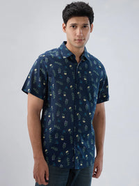 Men Shirt Print Blue Navy Regular Fit