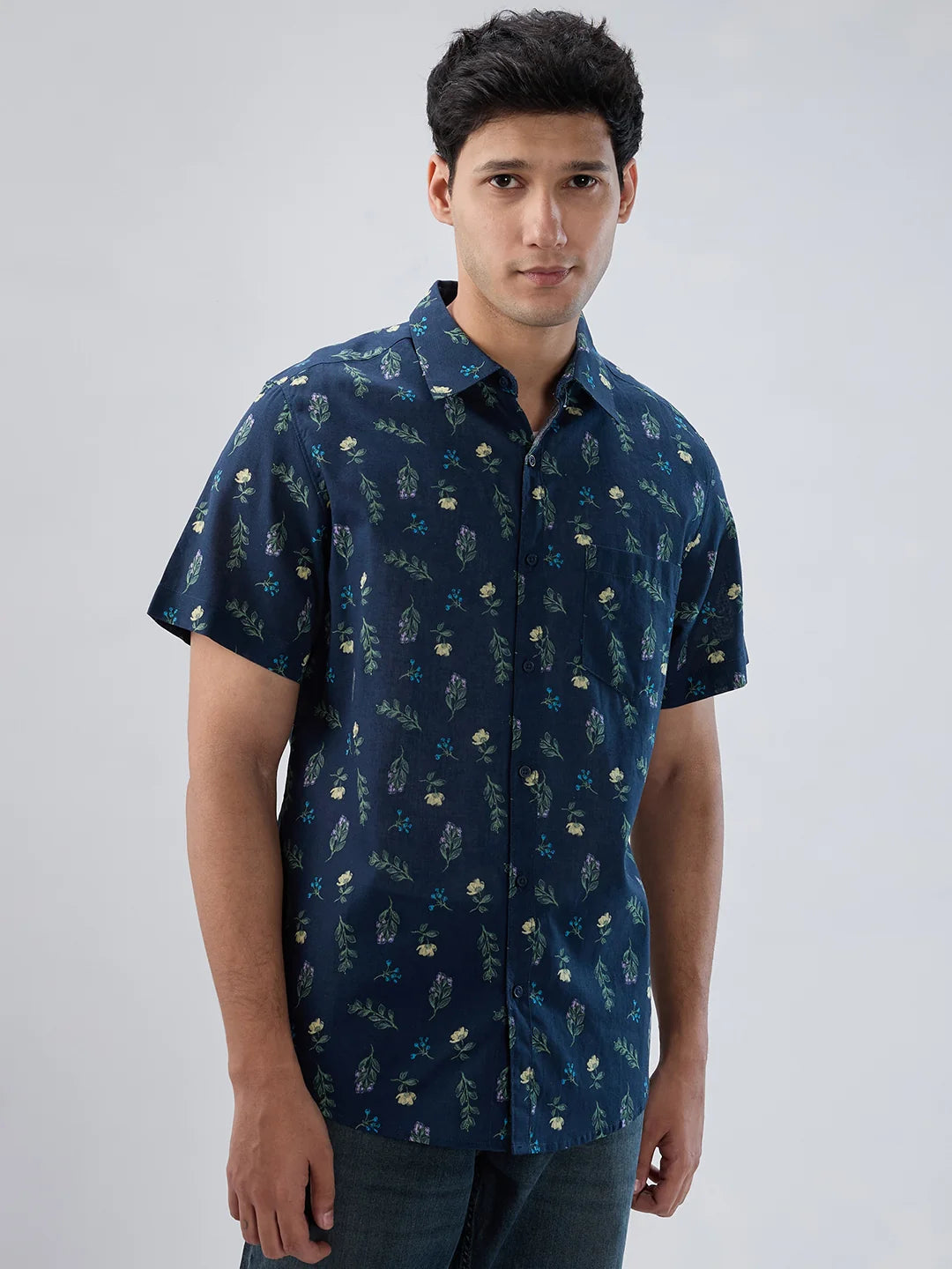 Men Shirt Print Blue Navy Regular Fit