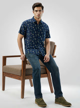 Men Shirt Print Blue Navy Regular Fit