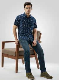 Men Shirt Print Blue Navy Regular Fit