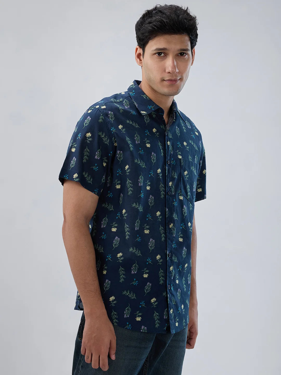 Men Shirt Print Blue Navy Regular Fit