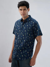 Men Shirt Print Blue Navy Regular Fit