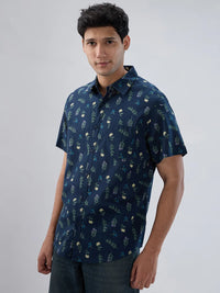 Men Shirt Print Blue Navy Regular Fit