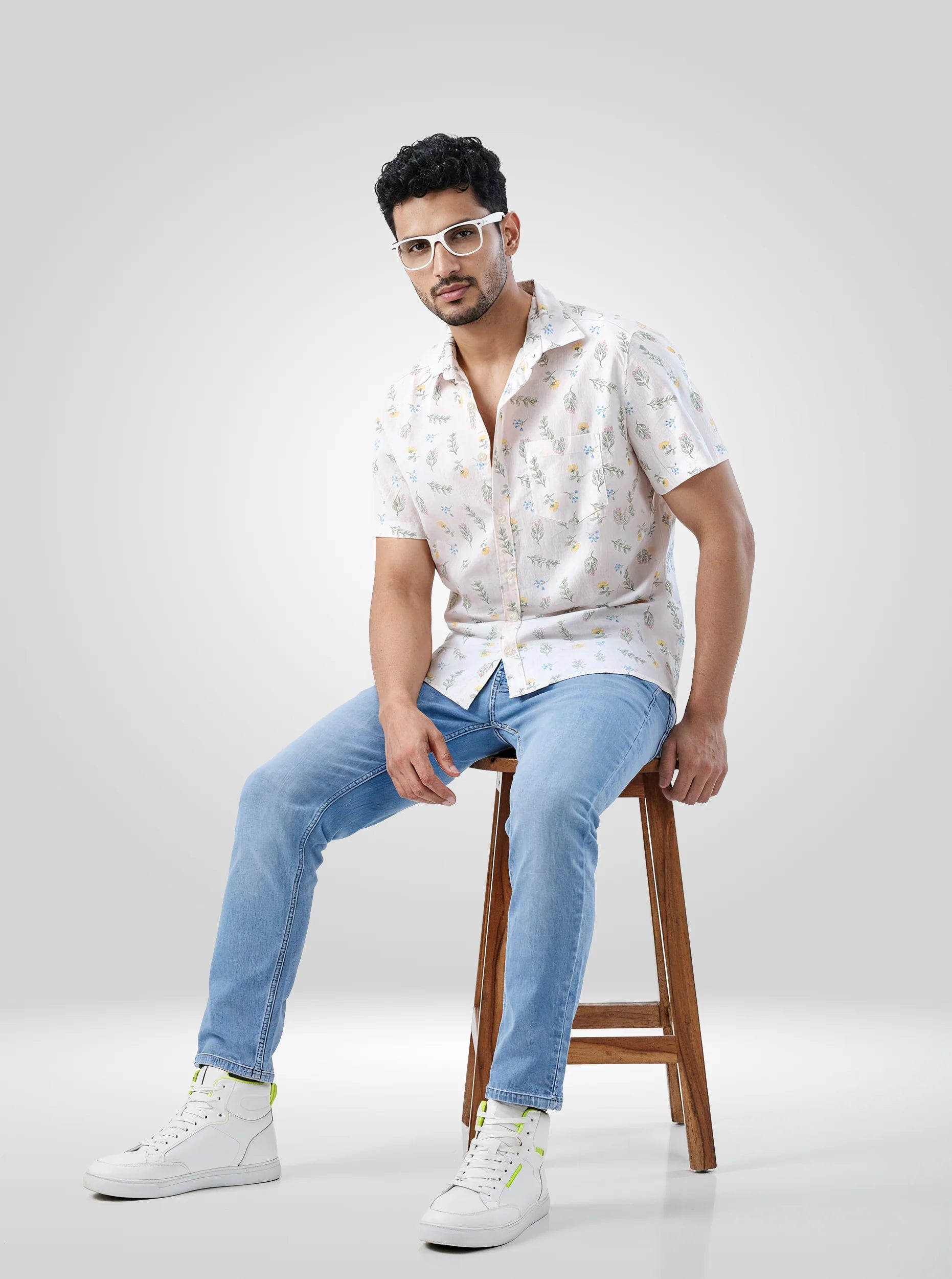 Men Shirt Print Off White Regular Fit