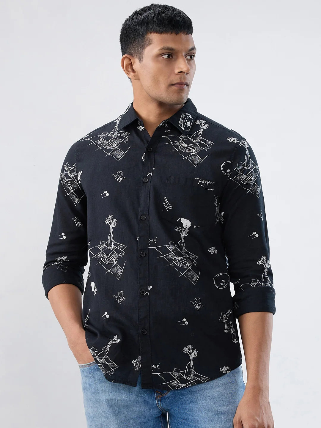 Men Shirt Print Black Regular Fit