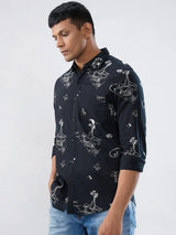 Men Shirt Print Black Regular Fit