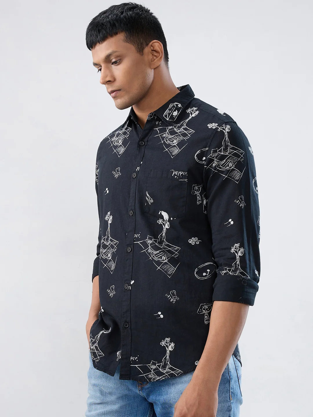 Men Shirt Print Black Regular Fit