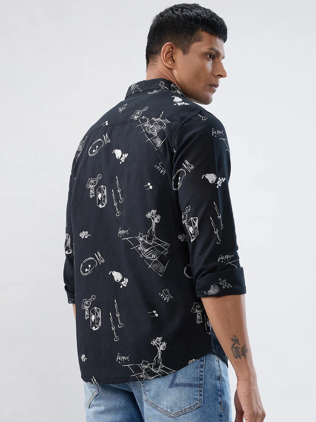Men Shirt Print Black Regular Fit
