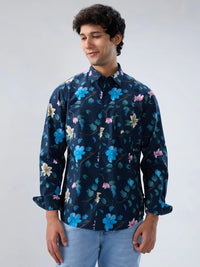 Men Shirt Print Blue Navy Regular Fit