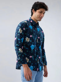 Men Shirt Print Blue Navy Regular Fit