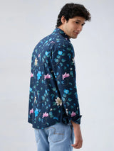 Men Shirt Print Blue Navy Regular Fit