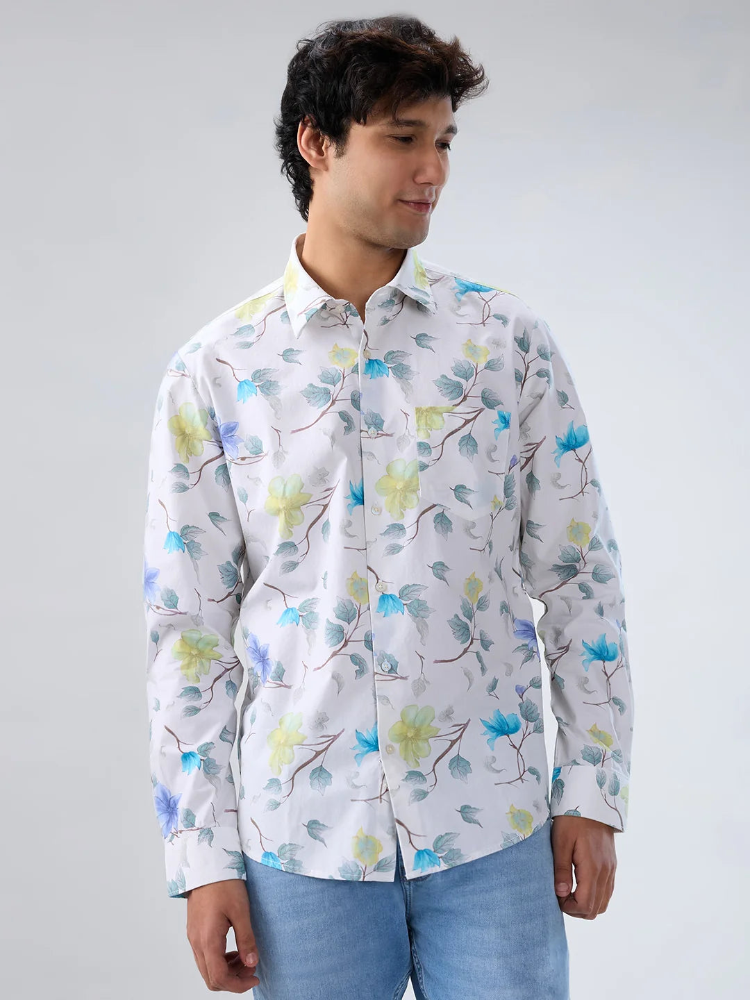Men Shirt Print Off White Regular Fit