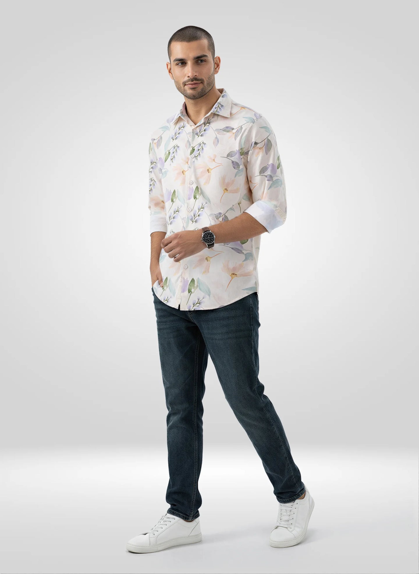 Men Shirt Print Off White Regular Fit