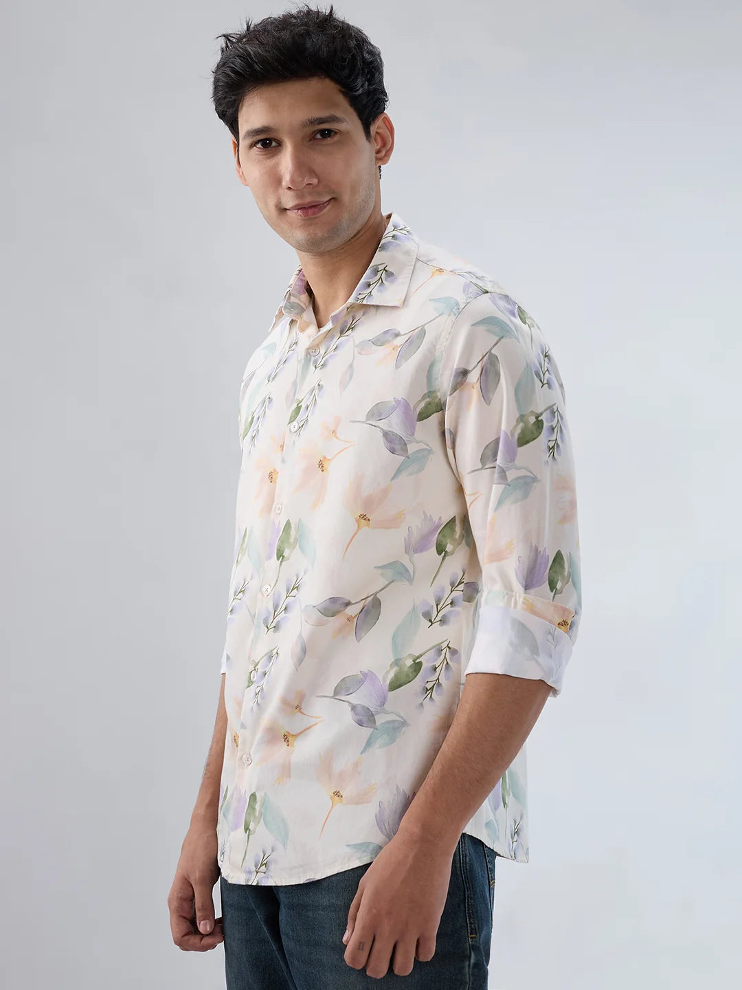 Men Shirt Print Off White Regular Fit