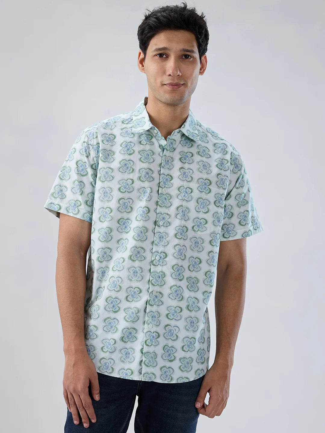 Men Shirt Print Green Regular Fit