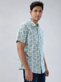 Men Shirt Print Green Regular Fit