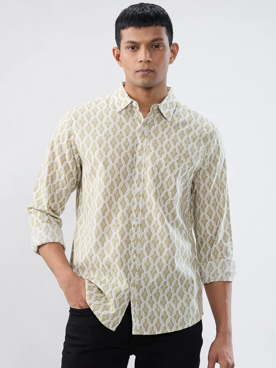 Men Shirt Print Beige Regular Fit