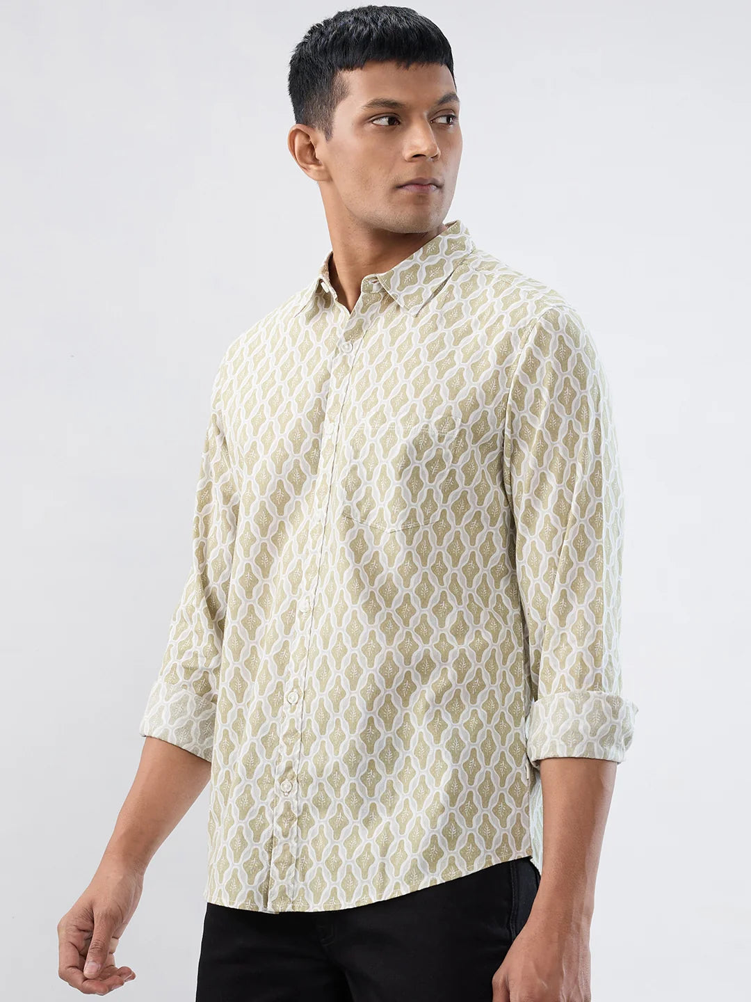 Men Shirt Print Beige Regular Fit