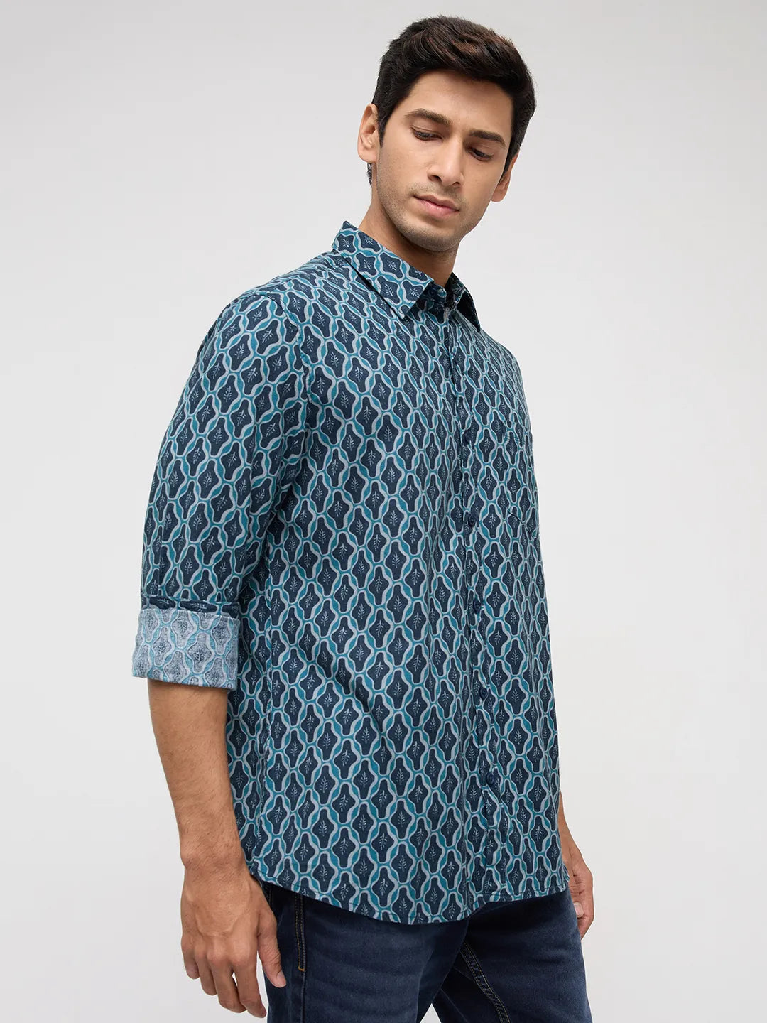 Men Shirt Print Blue Regular Fit
