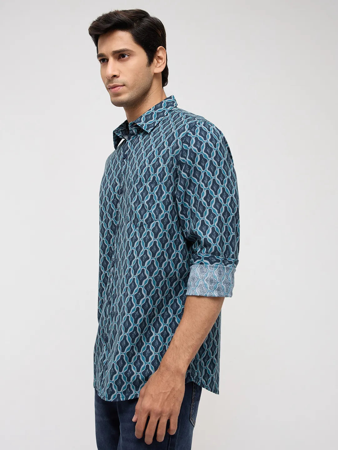 Men Shirt Print Blue Regular Fit