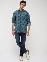 Men Shirt Print Blue Regular Fit