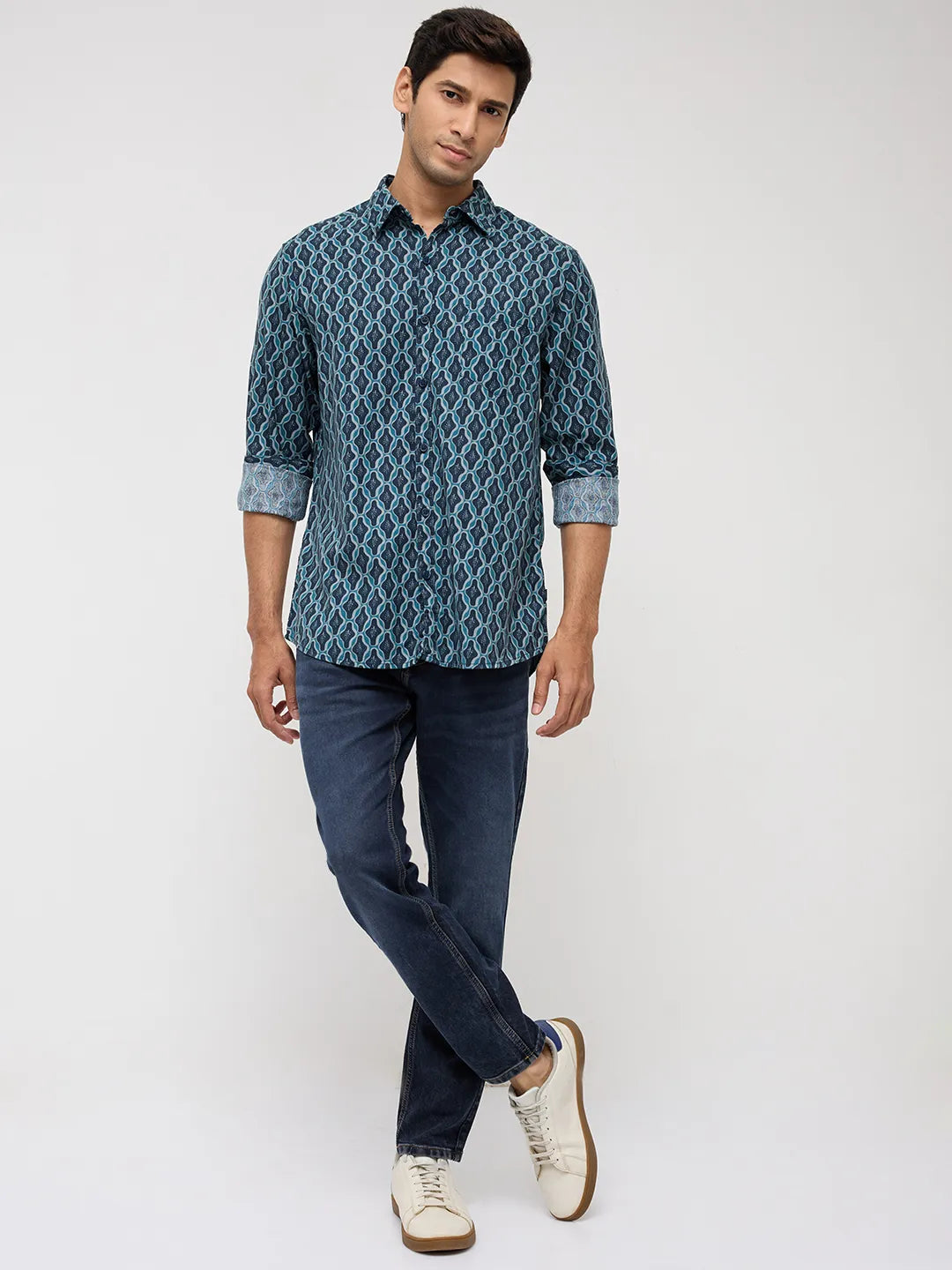 Men Shirt Print Blue Regular Fit