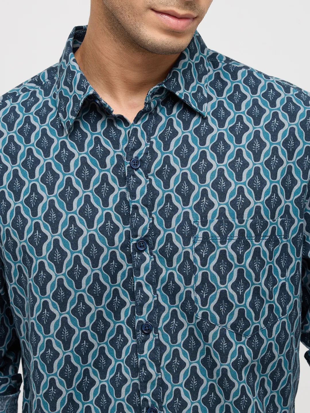 Men Shirt Print Blue Regular Fit