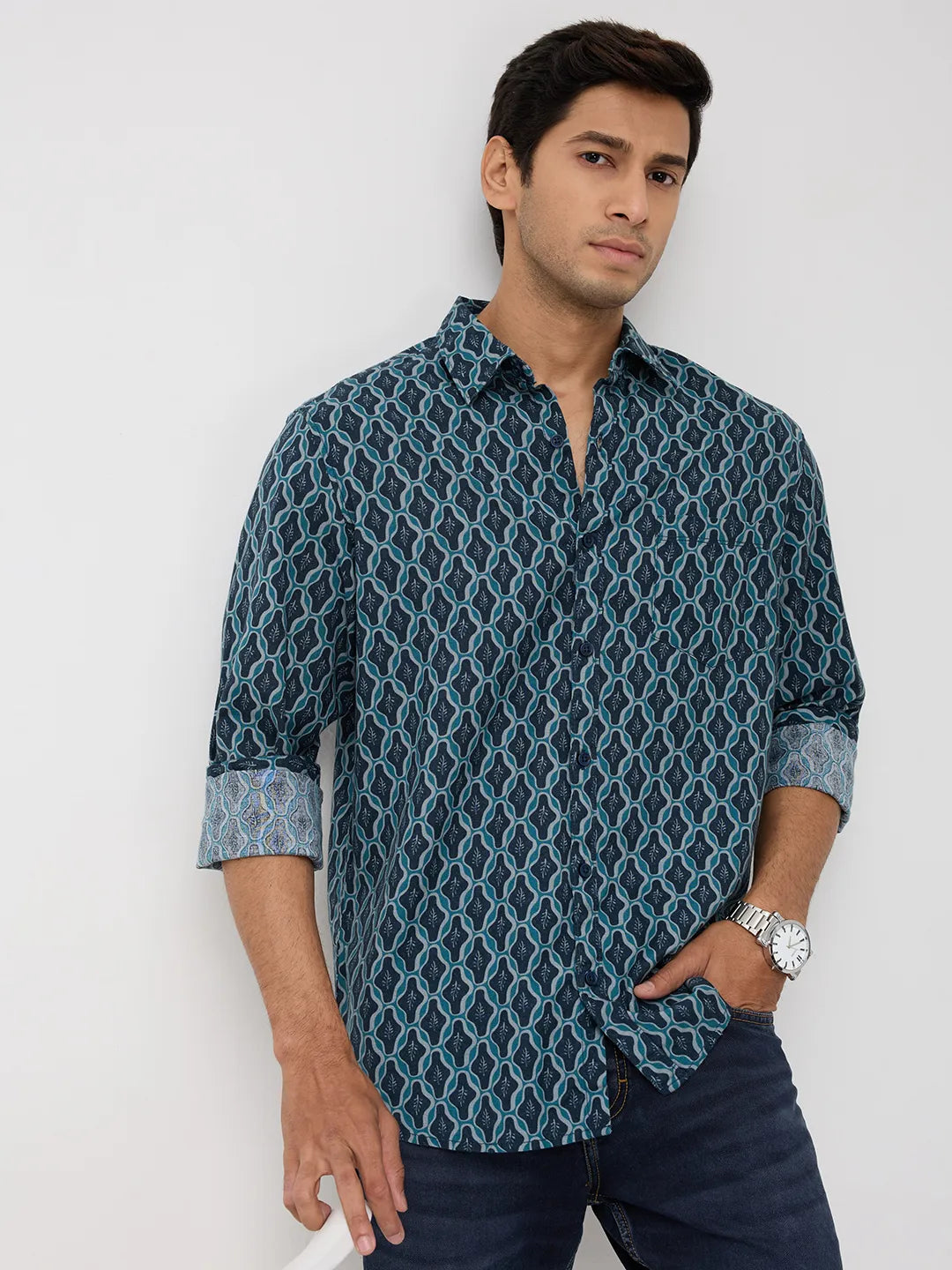 Men Shirt Print Blue Regular Fit