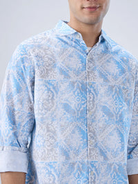 Men Shirt Print Blue Regular Fit